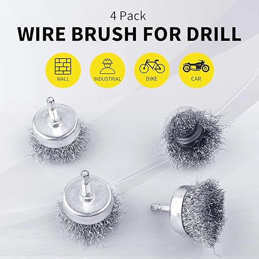 4 Pcs Wire Cup Brush Set for Drill, 1/4 Inch Hex Shank, 0.010 Inch Coarse Carbon Steel Attachments for Rust Removal