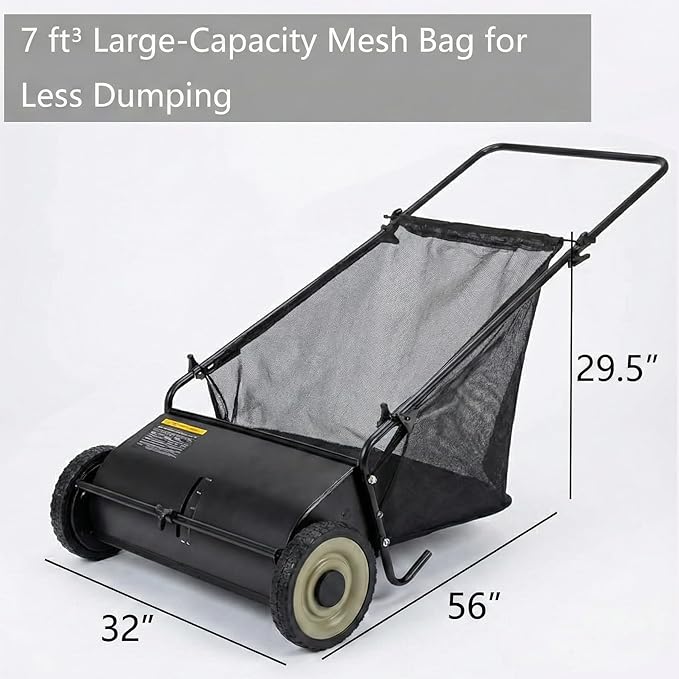 Lawn Push Sweeper, 26" Sweeping Width Floor Sweeper, 7 Cu. Ft. Hopper Capacity, 4 Spinning Brushes, Angle & Height Adjustable Folding Handle for for Leaves and Grass, Yard, Garage, Patio (26“)