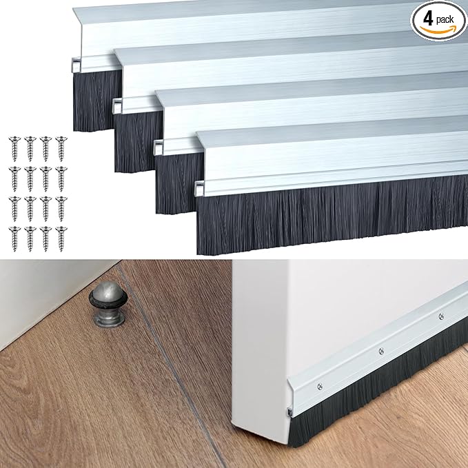 Hushee 4 Pcs 2x36 Inches Brush Door Sweep for Exterior, Aluminum Commercial Door Sweep Bottom All-Season Alloy Brush for Exterior and Interior Sealing Gaps Keeps Out Cold Air, Dust (Silver and Black)