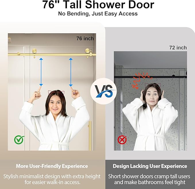55-60” W x 76" H Single Sliding Shower Door, Frameless Shower Door with Explosion-Proof Film and Nano Coating, 1/4” (6MM) SGCC Tempered Glass, Stainless Steel Hardware, Brushed Gold