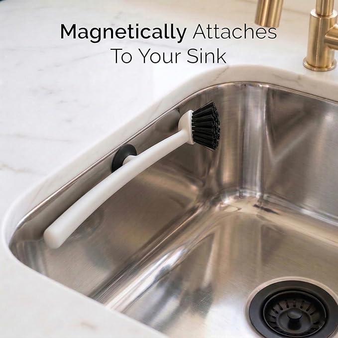 Earth & Mango Magnetic Dish Brush with Scraper – Snaps to Sink – Warm Sand Beige
