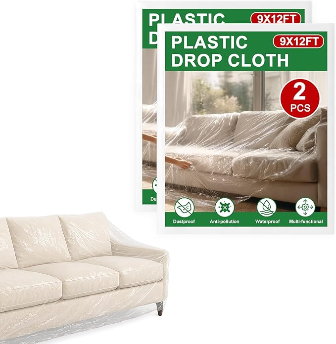 2-Pack 9x12 ft Painter Plastic Drop Cloths Sheet,Waterproof Anti-dust Cover, Disposable Tarp for Painting for Couch/Furniture Cover