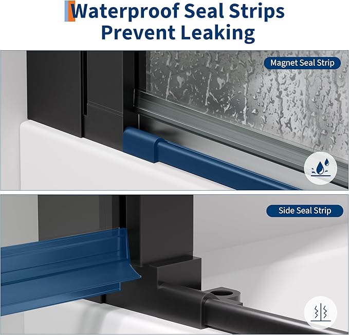 Frameless Hinged Shower Door, Adjustable 33.6"-34.6" W x 72" H Single Swing Pivot Door, 6mm (1/4") Tempered Glass with Coating, Matte Black Stainless Steel Handle, Reversible for Left/Right Installati