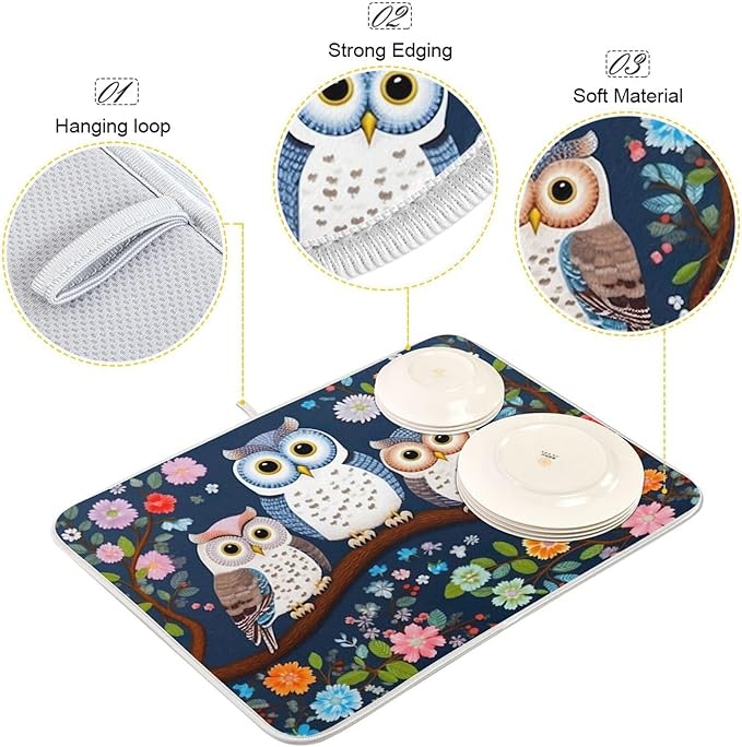 Dish Drying Mat Kitchen Counter Absorbent Three Owls Coffee Sink Mat Dish Drainer Pad 18 Inch x 24 Inch