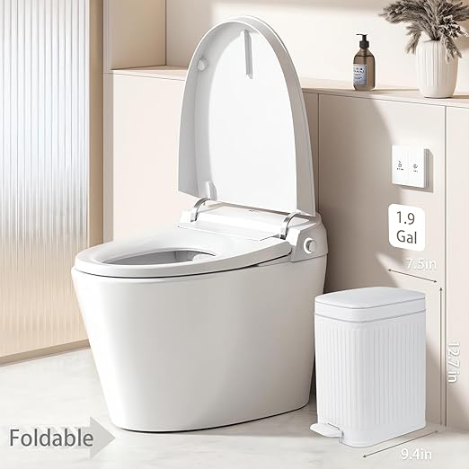 rejomiik Small Bathroom Trash Can with Lid 1.9 Gallon Step Trash Can Slim Garbage Can with Soft-Close Waste Bin for Bathroom, Bedroom, Office, Dorm, RV, White