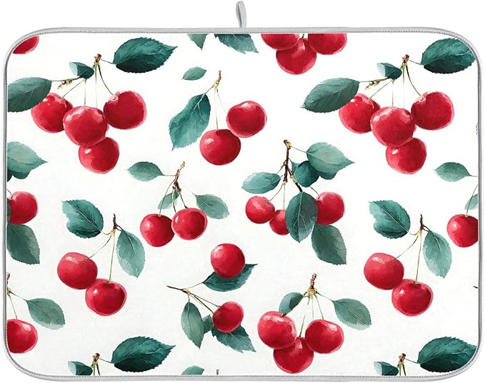 Red Cherry Leaves Dish Drying Mat for Kitchen Counter Absorbent Microfiber Drying Pad, Large 18x24 in