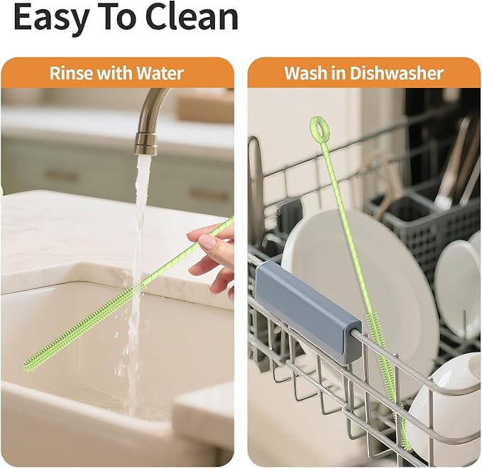 2Pcs Silicone Straw Cleaner Brush, Dual-Size Brushes (6mm Slim & 9mm Wide), Clean for Reusable Straws, Cups and Tumblers, Durable & Eco-Friendly, Green