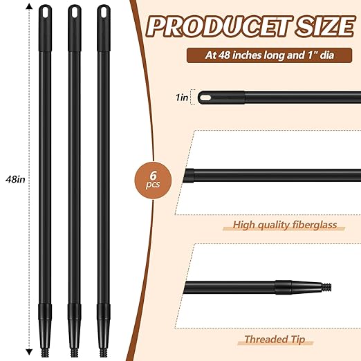 6 Pcs Fiberglass Broom Handle Replacement Handle Broom Stick Pole with Threaded Tip for Commercial Cleaning, 1" Dia x 48" Long, Black
