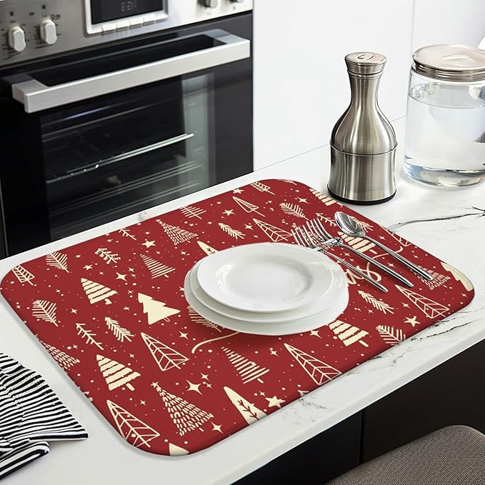 Christmas Kitchen Countertop Dish Drying Mat, Red Christmas Tree Snowflake Pattern Microfiber Kitchen Drying Mat, Washable Absorbent Countertop Xmas Winter Holiday Dish Mat Drainer,18x24Inch