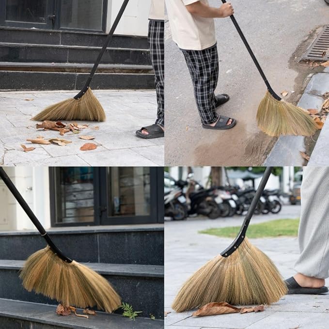 Vietnamese Straw Soft Broom - Indoor Grass Broom - Sweeping Hand with Black Long Handle Broomstick for House, Garage, Office, Lobby Room, Kitchen with 37.98 in Length