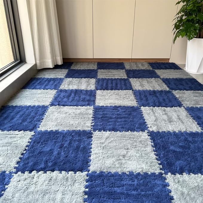 12Pcs Interlocking Carpet Tiles,12"x 12" Plush Interlocking Foam Carpet Tile with Border,Fluffy Play Mat Floor Tiles Thick Padded Squares Foam Tile for Playroom Decor (Grey+Navy)