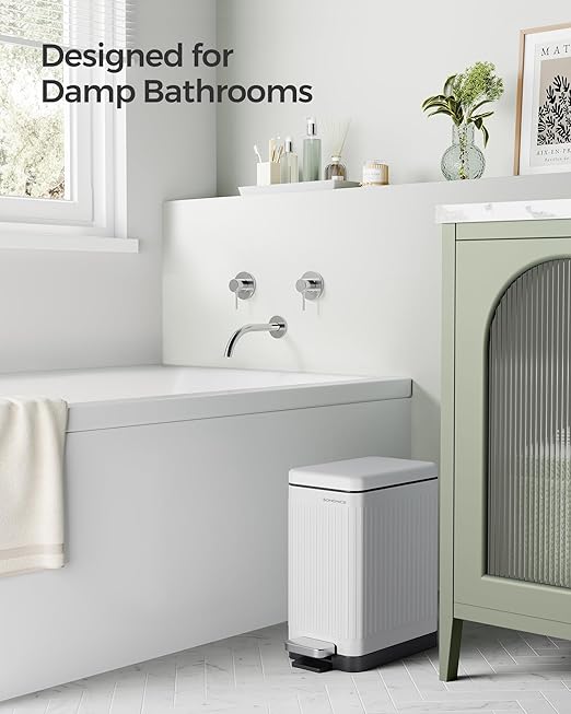 SONGMICS Bathroom Trash Can, 2.6-Gallon (10 L) Trash Bin with Lid, Slim for Small Spaces, Stainless Steel Garbage Can, Soft Close, White ULTB562W01