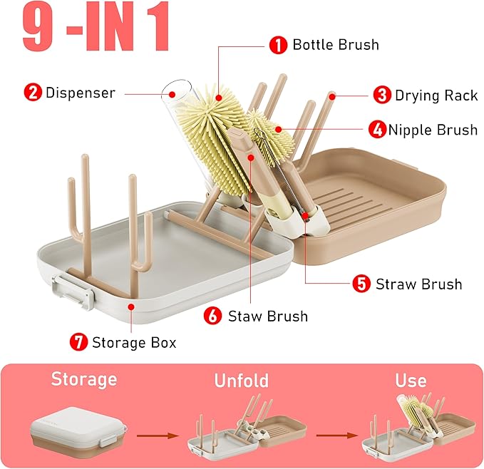 Baby Bottle Brush Set with Drying Rack, Portable Silicone Bottle Cleaner Kit for Bottles, Nipples and Straws, Travel Storage Box for Home and On-The-Go Use（Pink）