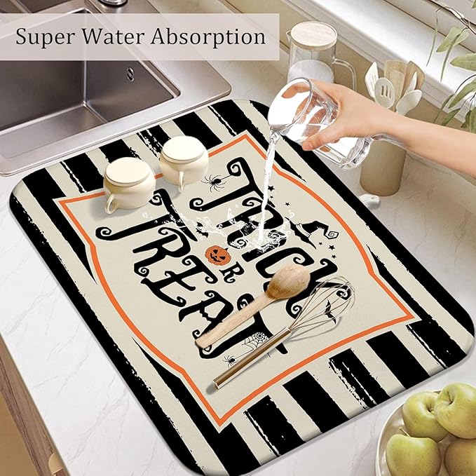 Halloween Dish Drying Mat for Kitchen Counter, Halloween Trick or Treat Microfiber Drying Mat,Distressed Black and White Background Washable Absorbent Countertop Holiday Dish Mat Drain Mat,18x24 Inch