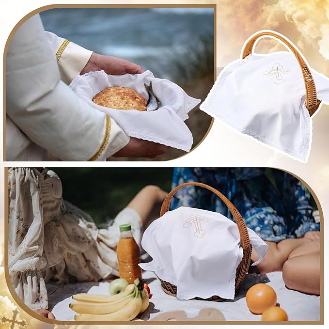 Easter Orthodox Pascha Basket Cover Table Decoration Easter Religious Gift 16" Square Orthodox White Cross Embroidered Natural Crochet Large Cloth Communion Prosphora Greek Christian Altar