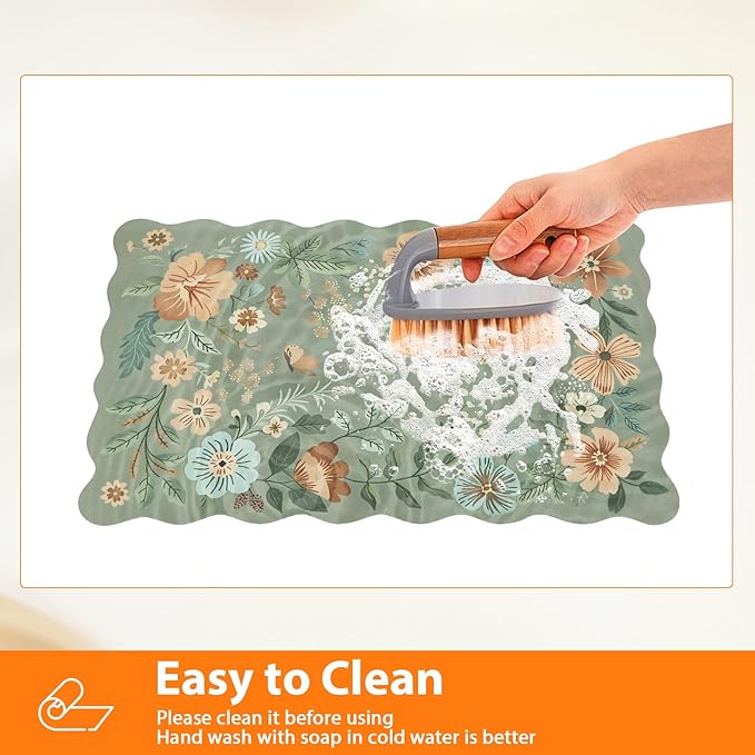 Scalloped Bohemian Boho Floral Flower Coffee Bar Mat Dish Drying Mats for Kitchen Counter, Kitchen Decor, (16"x24", Green 1)