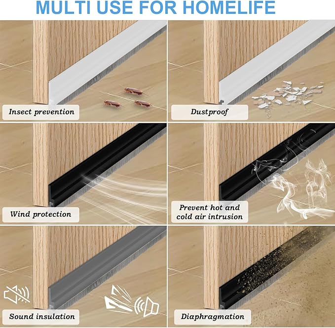 39-inch Door Draft Stopper with Brush - Adhesive Weather Stripping Seal for Exterior/Interior Doors | Under Door Sweep Blocks Drafts, Noise & Dust | Fits 1/4"-1" Gaps (Grey)
