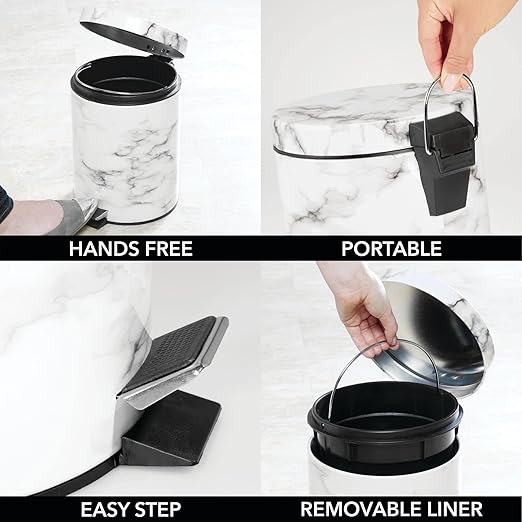 mDesign Pedal Waste Basket — Metal Waste Bin with Pedal, Lid and Plastic Bucket Insert — Perfect for Bathroom, Kitchen, and Office — 5 Litre Household Rubbish Bin with Ergonomic Design — Marble Print