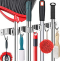 Piyl Broom Mop Holder Wall Mount Broom Hanger Wall Mounted Metal Organization Garage Storage Garden Kitchen Tool Organizer With 4 Racks and 5 Hooks (Silver, 1 Pack 4R5H)