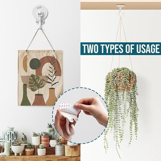 TAILI Adhesive Ceiling Hooks for Hanging Plants, Heavy Duty No-Drill Removable Sticky Wall Hooks Hanging Christmas Lights Garland Coat for Door Kitchen, Renter Friendly - 4 Pack White