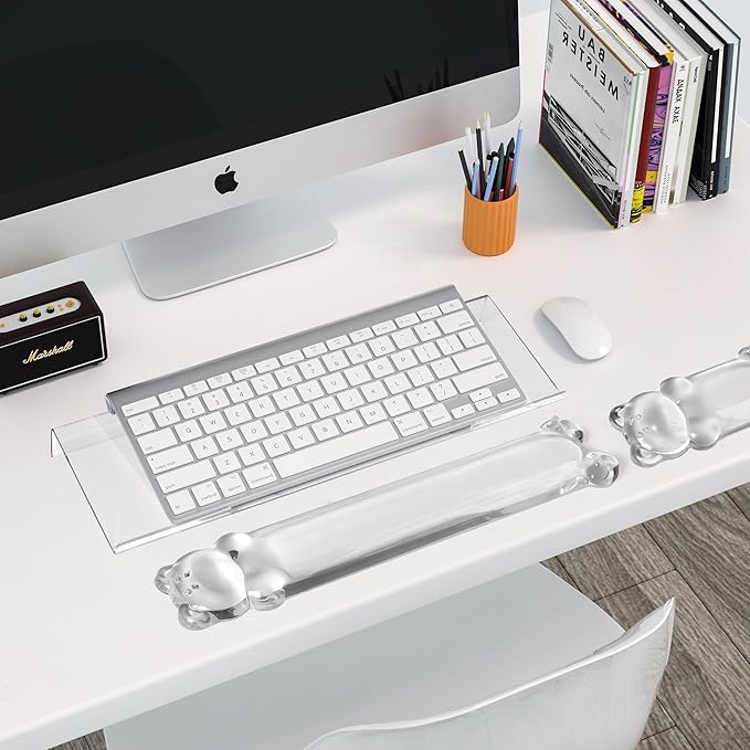 16.9inch Computer Keyboard Stand for Desktop, Gel Keyboard Wrist Rest Set for Ergonomic Typing, Comfort & Support for Office, Work, Gaming (Cute White Bear)