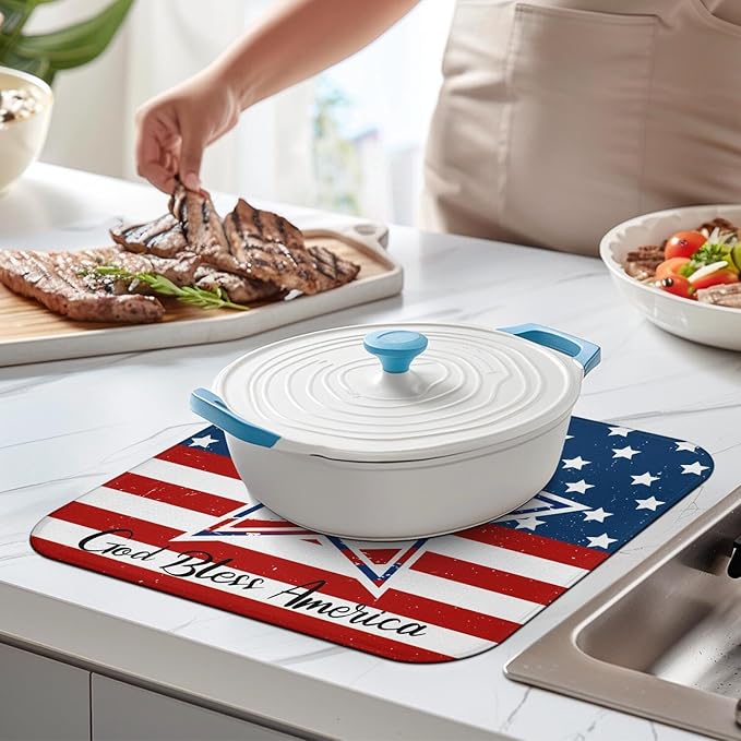 4th of July Dish Drying Mat for Kitchen Counter,Independence Day Stars Memorial Fallen Soldiers Microfiber Drying Mat, Washable Absorbent Patriot Kitchen Countertop Dish Mat Draining Mat 16×18 Inch