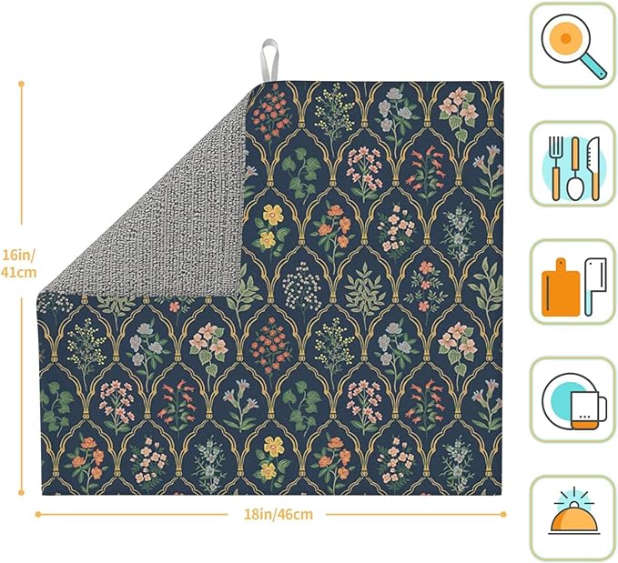Vintage Flowers Dish Drying Mat 16x18 inches Microfiber Absorbent Fast Dry Mat for Kitchen Counter Coffee Bar Boho Floral Large Drying Mat Kitchen Decor Gifts (Vintage Flowers, 16x18 inches)