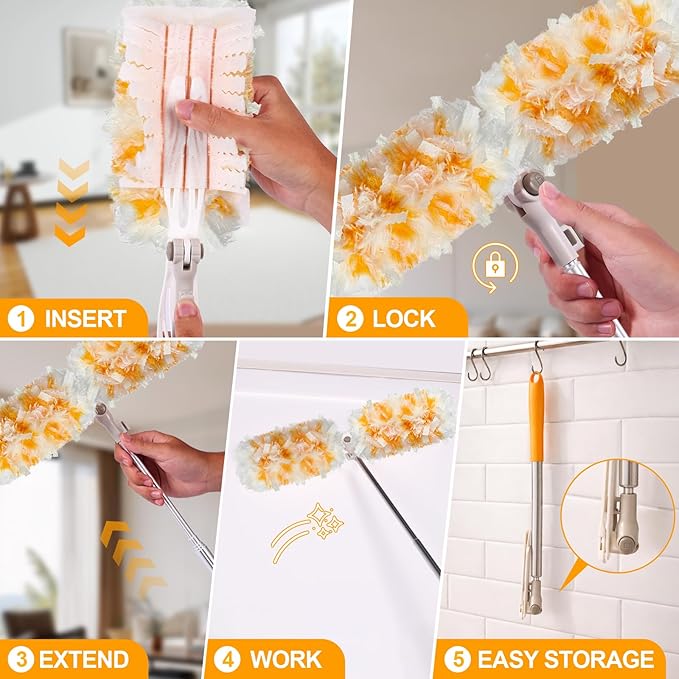 Gelibo Duster Kit with 6 ft Super Extendable Handle, 360° Rotating Ceiling Fan Duster with Locking Mechanism, Compatible with Swiffer, 5 Refills for Efficient Dusting in Hard-to-Reach Places