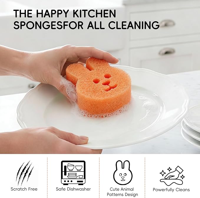 3pcs Functional Scrub Sponges Set, Dad Mom Daily Scrub Sponge Cute Animal Smile Happy Household Cleaning Pads, Scratch Free, Firm in Cold and Soft in Warm