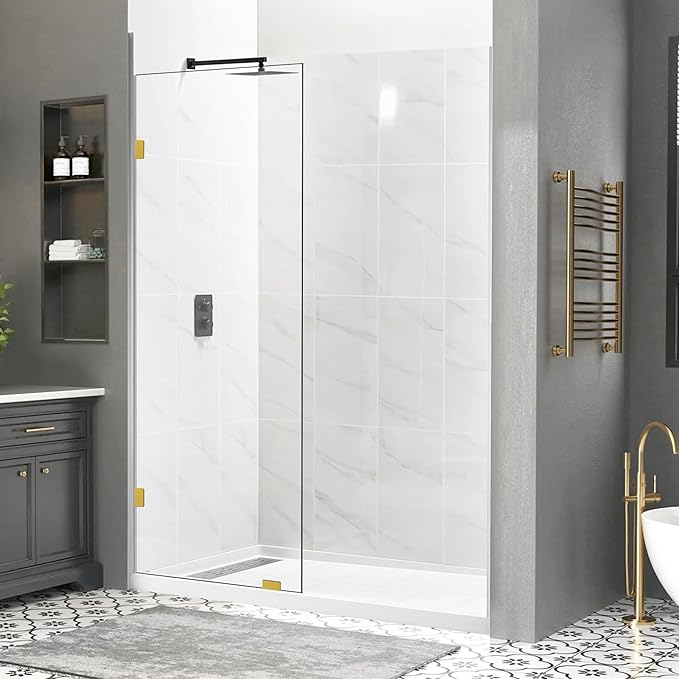 28" W x 78" H Frameless Shower Glass Panel, Single Fixed Shower Panel Screen with Clamps, 5/16"(8mm) Clear Tempered Glass, Bathroom Shower Doors Fixed Shower Glass Door Panel in Brushed Gold