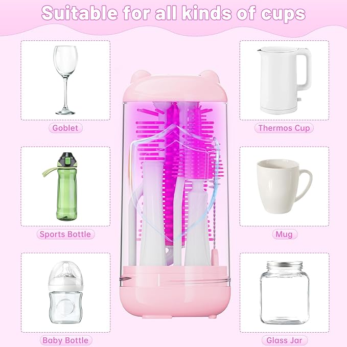 Bottle Brush Set,Travel Bottle Cleaner Kit with Baby Bottle Brush,UV Light,Straw Brush,Nipple Brush,Bottle Drying Rack for Home and Travel