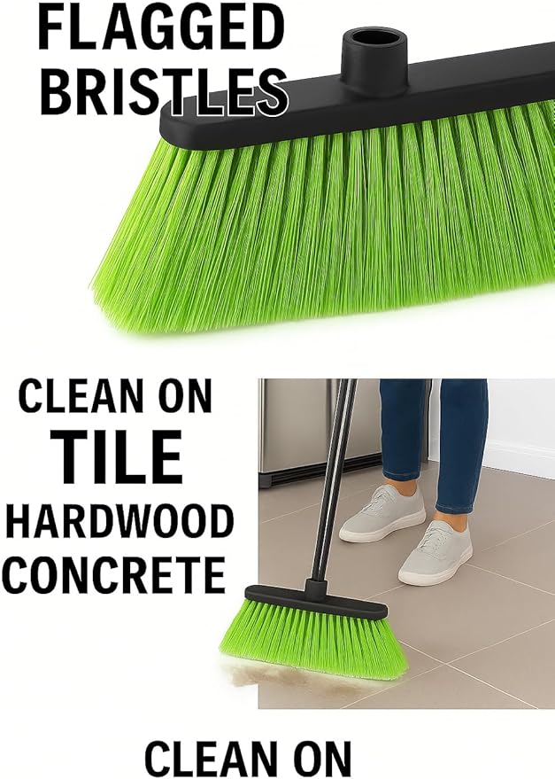ALMA Apple Green 14" Soft Sweep Broom Head – Lightweight Flagged Bristles – 7/8" Universal Thread – Recycled PP(Apple-Green, ALMA)
