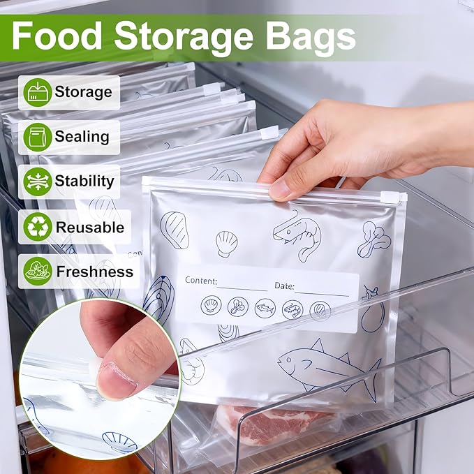 30PCS Reusable Aluminum Foil Sealable Storage Bags,Upgrade Reusable Aluminum Foil Storage Bags,Stand Up Foil Sealable Bags with Label and Zip Lock for Vegetable Fruit Meat(3 Size）