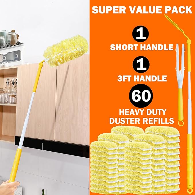 60 Heavy Duty Duster Refills for Swiffer Duster, 3 ft Extendable Handle + 1 Short Handle, Multisurface 360 Dusters kit for Dusting Furniture, Ceiling Fans, Blinds, Corners, Yellow