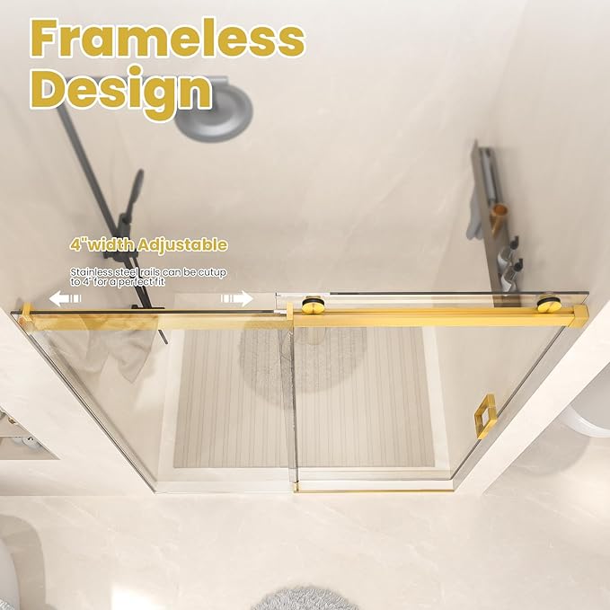 Shower Door 56–60 in W x 76 in H 3/8" Tempered Glass Sliding Shower Door Frameless Brushed Gold Soft-Close with Buffer Reversible Installation for Modern Bathroom