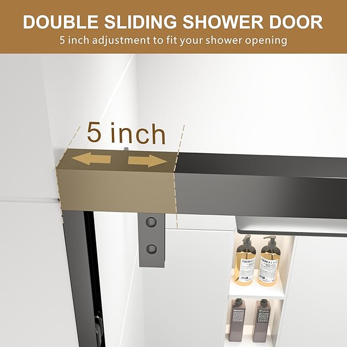 RFN 44-48" W x 76" H Semi-Frameless Bypass Double Sliding Shower Door, 1/4" (6 mm) Easy-to-Clean Treated Clear Tempered SGCC Glass,Bathroom Door(Matte Black, 44-48" W*76" H)
