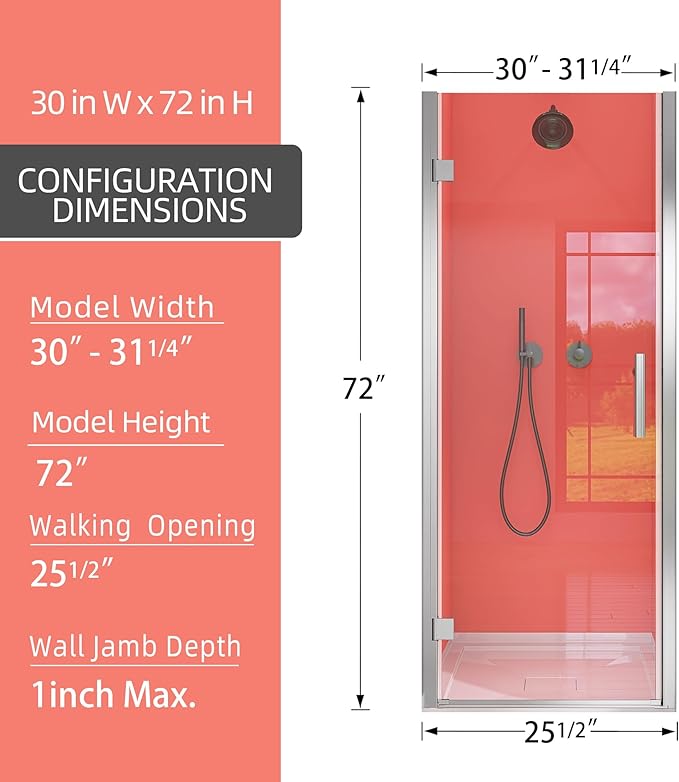 GETPRO Frameless Shower Door Pivot 30 in. W x 72 in. H Swing Single Small Shower Door with 1/4 inch Tempered Glass Panel Adjustable Left Hinged Bathroom Door for Shower Chrome Hardwares