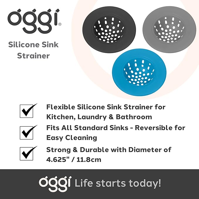 OGGI Silicone Sink Strainer- Great Kitchen Sink Strainer, Sink Drain Strainer, Drain Stopper, Sink Plug, 4.6˝ Diameter Rim, Black (Pack of 2)