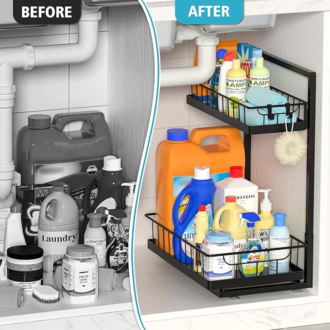 WOWBOX 2 Pack Under Sink Organizer 2 Tier Slide Out Cabinet Organizer Under Sink Organizers and Storage for Kitchen Bathroom Pantry
