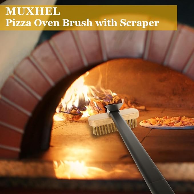 1 Pcs Adjustable 47" Pizza Oven Brush with Scraper, Brass Bristles Pizza Stone Brush with Detachable Handle and Screwdriver, Pizza Oven Accessories for Cleaning Pizza Oven