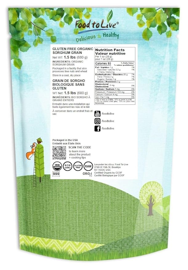 Food to Live Gluten Free Organic Whole Grain Sorghum, 1.5 Pounds - Non-GMO White Groats. Raw Milo Seeds. Vegan, Bulk Broom-corn. Durra is Great for Making Flour and Popped Jowar Dhani. Made in USA