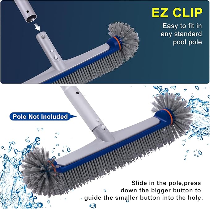 POOLAZA 360 Degree Pool Brush - Heavy Duty 17.5" Pool Brush Head for inground Pools/Above Ground Pools, Spa, Hot Tub, Premium Bristle & Aluminum Handle for Standard Pool Pole