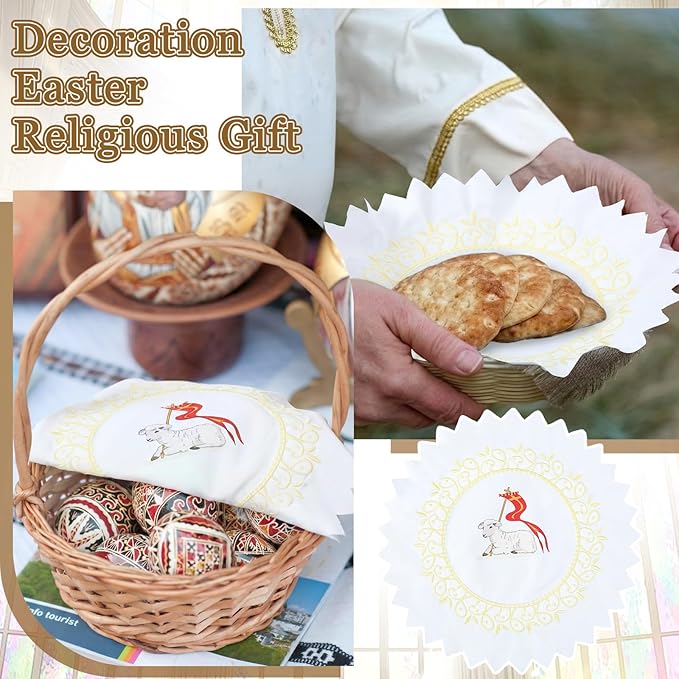 Polish Traditional Easter Embroidered Basket Cover Table Decoration Easter Religious Gift 13" Round Embroidered Cloth with Lamb Carrying Cross Flag for Meal Blessed Catholic Church Altar