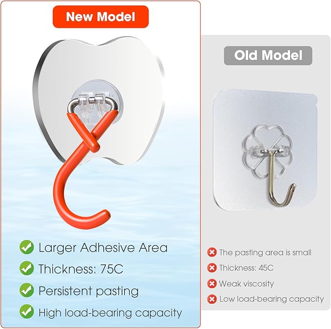 No Drill Large Adhesive Wall Hooks,Broom Holder for Wall,Heavy Duty Mop Hooks with Extra Adhesive Pad,75LB Load Capacity,3.35x2.95in Adhesive Pad for Garage Kitchen Bathroom Organization (2, Orange)