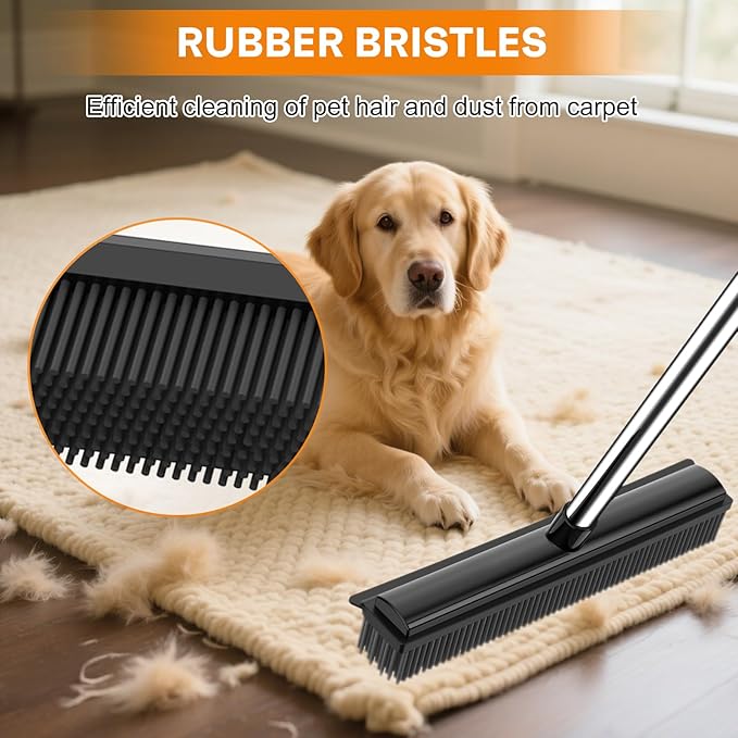 nacena Rubber Broom, 2 in 1 Pet Hair Removal Broom with Squeegee 51-in Adjustable Long Handle Carpet Broom for Cleaning Carpet Hardwood Floor Tile Window, Black