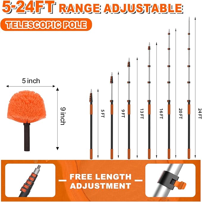 30FT Reach Cobweb Duster with Extension Pole, High Ceiling Long Duster with 5-24FT Telescoping Pole, Spider Web Brush for Indoor Outdoor Use