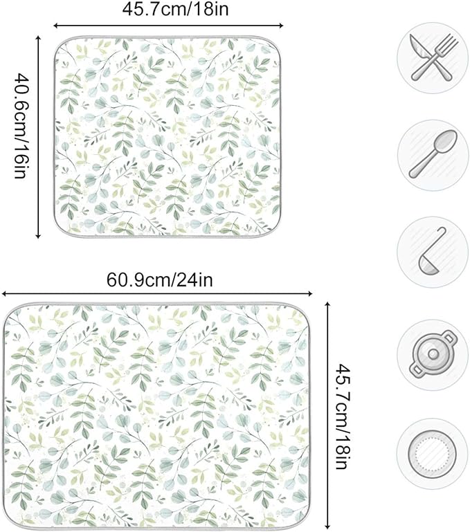 Eucalyptus Leaves Dish Drying Mat for Kitchen Countertop 18x24 Green Large Drying Mat Reusable Quick Dry Dish Sink Mats Easy Clean Decorative Essentials