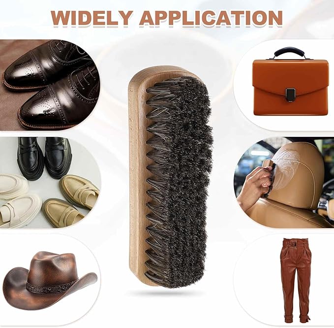 HARFINGTON Shoe Cleaning Brush 7"x2" Beech Wood Horsehair Boot Polish Brushes for Leather Shoes Boots Cloth Cleaner, Brown Wood
