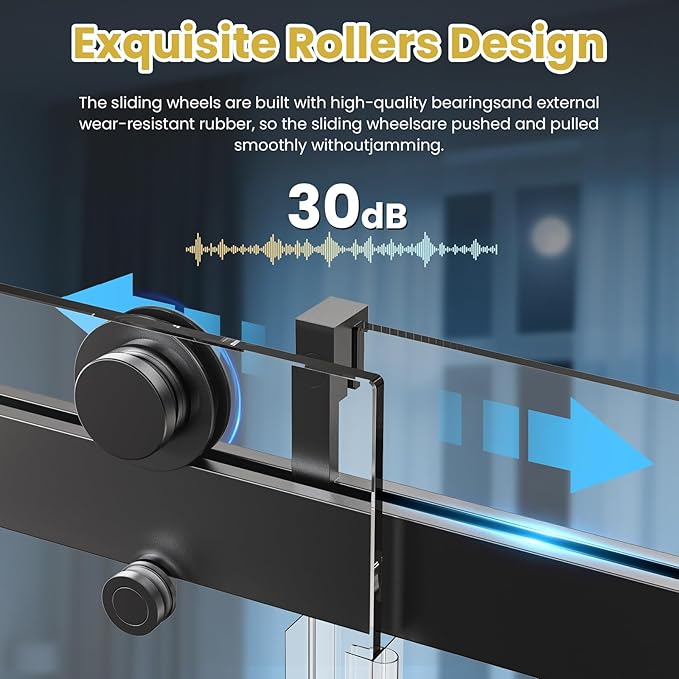 Shower Door 56–60 in W x 76 in H, 3/8" Tempered Glass Sliding Shower Door, Frameless Matte Black, Soft-Close with Buffer, Reversible Installation for Modern Bathroom