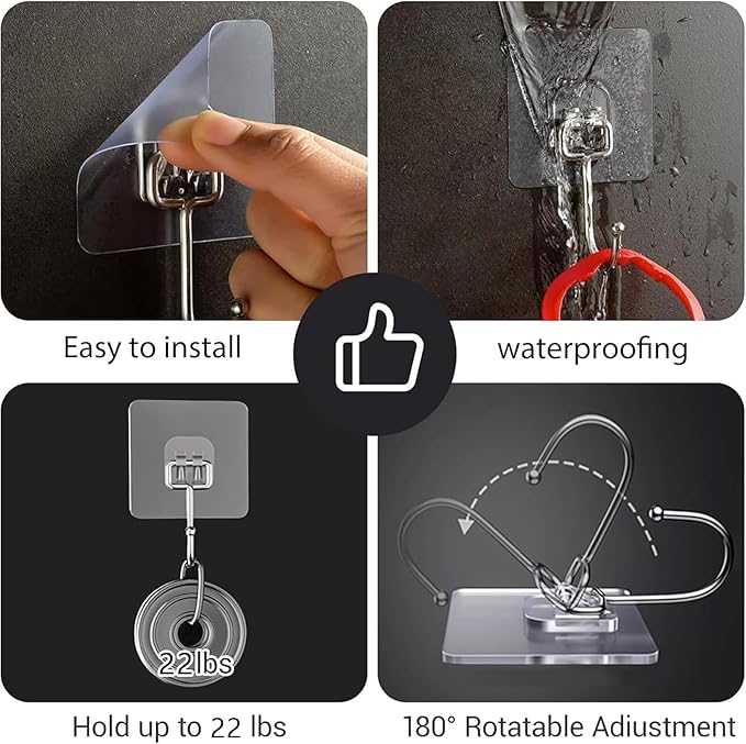48-Pack Strong Adhesive Wall Hooks for Hanging Heavy Duty, Self Adhesive Towel Coat Hat Hook Bathroom Shower Organizer for Wall,Door,Closet Hanging Hooks, No Drilling (Transparent)